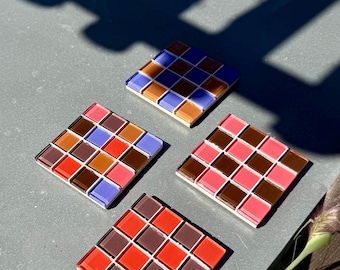 Posavasos de azulejos de vidrio hechos a mano – Tema Cielo de Especias, Terracota, Cacao, Coral, Azul bígaro