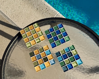 Juego de posavasos de azulejos de vidrio hechos a mano – Tonos oceánicos, decoración neutra para el hogar