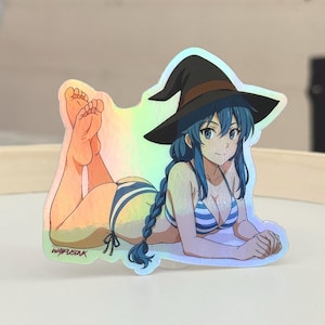 May include: Holographic sticker featuring an anime-style character in a witch hat and bikini. The character has blue hair and is lying down. The bikini is blue and white striped. The sticker has a rainbow sheen. The artist's name, WAIFUSINK, is visible.