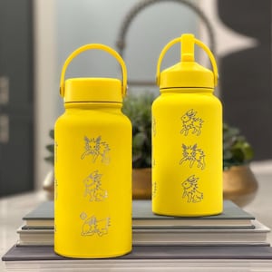 Jolteon Water Bottle, Eevee Eeveelution Engraved Straw Waterbottle Coffee Tea Tumbler Thermos, Gamer Birthday Anniversary Gift