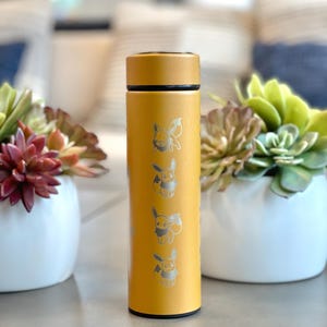 Shiny Eevee Coffee Tumbler with Tea Infuser, Engraved Water Bottle Gigantamax & Lana’s Sandy Eevee Thermos, Eeveelution Anime Fan Gift