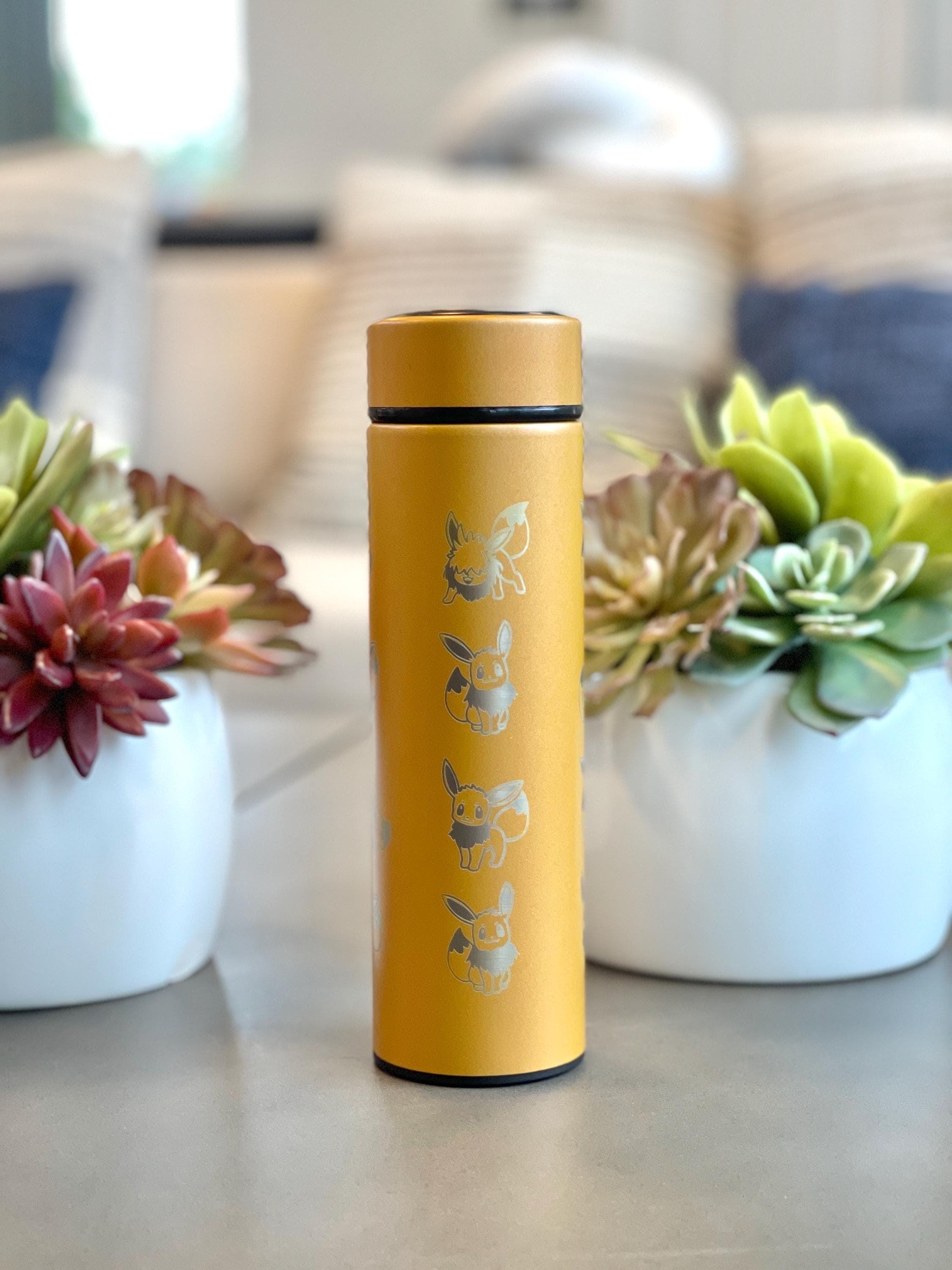Eevee Coffee Tumbler with Tea Infuser, Engraved Shiny Eevee Water Bottle Gigantamax & Lana’s Sandy Eevee Thermos, Eeveelution Anime Fan Gift