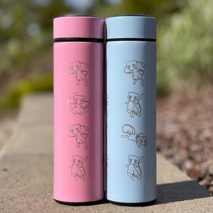 Mew Coffee Tumbler with Ash Ketchum’s Hat, Shiny Mew Water Bottle with Tea Infuser, Psychic Mythical Travel Mug Flask Gift