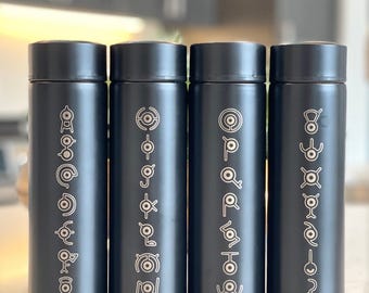 Unown Coffee Tumbler, Engraved “Unown Alphabet” Waterbottle with Tea Infuser, Unknown Anime Fan Travel Mug Cup Water Bottle Flask Gift