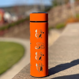 May include: An orange stainless steel water bottle featuring silver illustrations of a Charmander character. The bottle has a black lid and is cylindrical in shape. The background is blurred, with greenery and a blue sky visible.