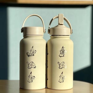 Mimikyu Water Bottle Engraved Coffee Tumbler with Disguised & Busted Form, Unite Noble Style Dapper Hat, Jesse’s Mimikyu Waterbottle Thermos