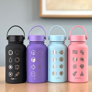 Kanto Johto Hoenn Gym Badges Water Bottle Engraved Coffee Tea Tumbler Travel Cup Waterbottle, Gamer Anime Anniversary Birthday Gift