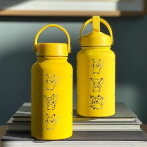 Pikachu Water Bottle with Captain & Detective Pikachu Volt Tackle, Engraved Waterbottle Coffee Tumbler Thermos, Anime Fan Birthday Gift