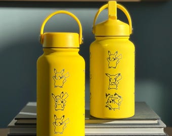 Pikachu Water Bottle with Captain & Detective Pikachu Volt Tackle, Engraved Waterbottle Coffee Tumbler Thermos, Anime Fan Birthday Gift