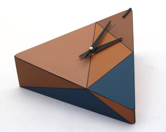 Geometric Wood Wall clock, Triangle Brown Blue Orange clock, Unique wall decor, Wall hanging Clock, Spring geometric decor, Mothers day gift