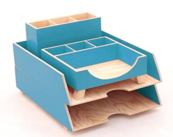 Turquoise Desk Organizer Set – 4 Wooden Office Storage Boxes, School Supplies Caddy, Handmade Back to School Gift, Home Office Organization