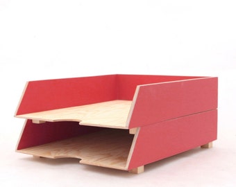 Desk Organizer Paper tray Red 2 Stages,  Wood Tray, Red Desk set, Office Accessories, Paper sorter, Paper storage red organizer, School desk