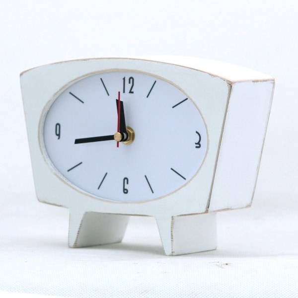 White Wood Desk Clock, Vintage Style 60s Wood Table Clock, Pure white Tabletop clock, Wooden Mantle home decor, White Christmas decor