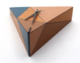 Geometric Wood Wall clock, Triangle Brown Blue Orange clock, Unique wall decor, Wall hanging Clock, Spring geometric decor, Mothers day gift