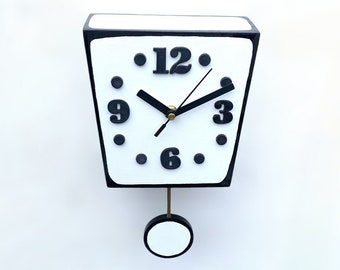 Pendulum Cartoon style Wood Clock Black and White, Modern Wall Art, White Wall Clock, Funny decor for kids room