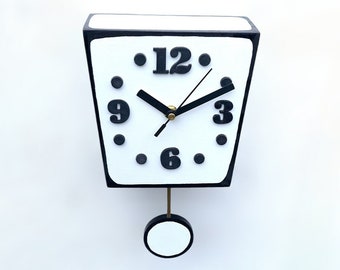 Cartoon Style Pendulum Clock, Black and White Wall Clock for Kids Room, Funny Halloween Decor, Modern Handpainted Wood Clock, Unique Gift