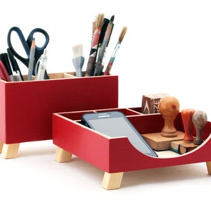 Red Desk Organizer, Desk Accessories for office, Desktop Organizer, Red Wood Desk set, Desk Pen holder, Command Center, Tidy Kids desk set image 2