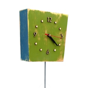 Handpainted Pendulum Wall Clock: Green, Orange & Blue Distressed Wood