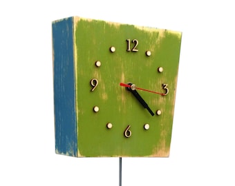 Wall Clock Pendulum Multicolor, Wall hanging clock Green Orange Blue, Unique gift, Distressed wall clock, Back to school