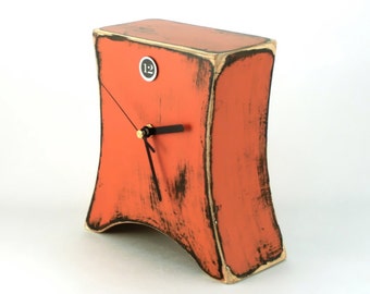 Clock Desk Orange, Wood Table Clock NO TICKING / Silent, Tangerine Unique Distressed Mantel clock, Xmas gift, Autumn Pumpkin Halloween decor