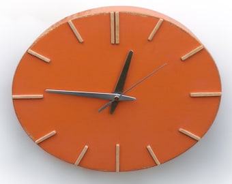 Orange Wood Wall clock, Plywood Ellipse Acrylic Paint clock, Unique wall hanging clock 12 inch width, Mothers day gift, Kitchen wall decor