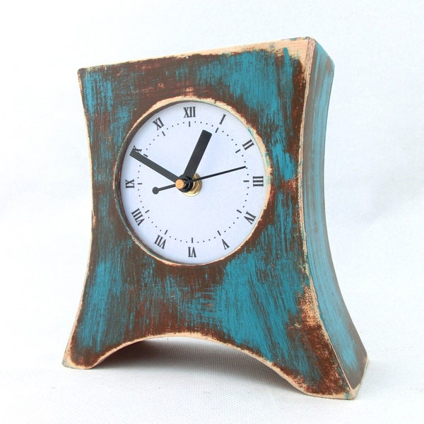 Mantel clock Arrow, Brown Turquoise Table clock, Wood clock for Desk, Distressed Mantle Rustic clock,Birthday gift  for Her, Turquoise decor