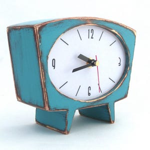 NO TICKING Desk Clock Turquoise Wood Table clock, Unique Wooden clock, Cute Handmade Quiet Mantle clock, Blue green clock, Teal light smooth