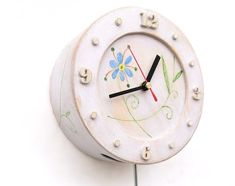 Folk style Pendulum Circle White Clock, Folk art Wall Clock, Folk flowers ornament, Folk Wall decor, Mothers day gift