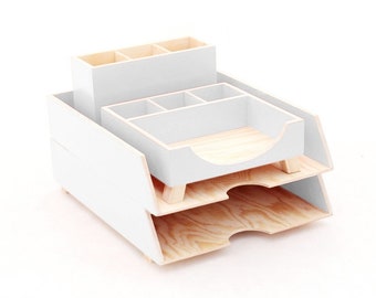 White Wood Desk Organizer Set - Pen Holder, Paper Sorter, Toolbox - Office & Student Desktop - Handmade Gift