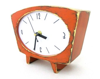 Orange Desk Clock NO TICKING, Wood Tabletop Clock in 60s Vintage Style, Unique Mantel Pumpkin Clock - Free Shipping, Gift for Mother