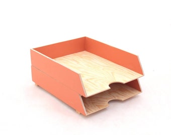 Orange Desk Organizer Paper tray 2 Stages, Home Office  set, Desk Tray Wood Mail Accessories, Letter sorter, Pumpkin Orange Paper organizer