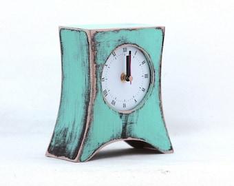 NO TICKING Mint Green Brown Table clock, Silent Wood clock for Desk, QUIET Wooden desk Clock Arrow, Rustic clock, Mint home decor