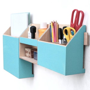 Turquoise Wood wall organizer, Desk accessories, Wall Mail Holder Home Office Set, Teal light smooth color Desktop Organizer, Paper sorter image 1