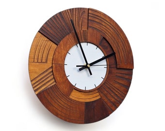 Wood Dark Ochre Wall Clock Circle Silent Mechanism, Modern Engraved Wall Hanging decor, 11 inches  NO TICKING Ruddle Color Wall Clock