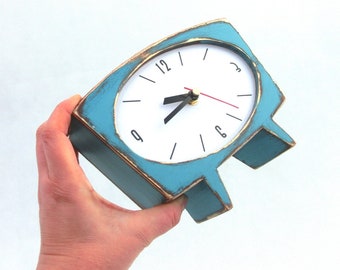 Desk Clock Turquoise Quiet Movement Option, Handmade Eco Friendly Wood Blue Green Table clock for All, Office Desk Decor Clock