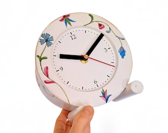 Wood Clock NO TICKING Desk White, Mantle clock Flowers, Tabletop clock Folk art Floral decor, Hand paint flower unique ornament, Spring deco