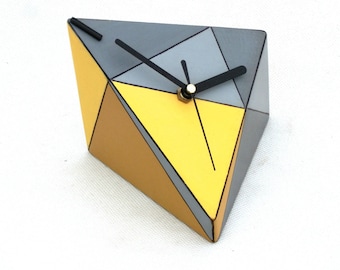 NO TICKING Desk Clock, Wood clock, Unique gift, Quiet / Silent Table clock, Geometric Triangle Yellow Grey, Birthday gift, Desk office decor