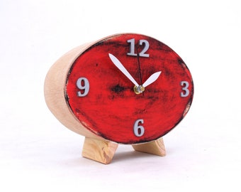 Wood Desk Clock, Ellipse Handmade Distressed clock, Eco Friendly Black Red Silver Acrylic Paints, Vintage style Table Inspiration