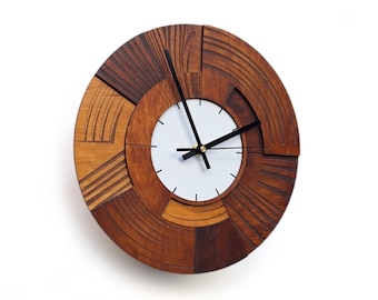 Wood Dark Ochre Wall Clock Circle Silent Mechanism, Modern Engraved Wall Hanging decor, 11 inches  NO TICKING Ruddle Color Wall Clock