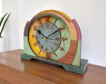 Silent Rustic Wooden Mantel Clock, Handmade Patina Desk Clock Vintage Style Home Decor