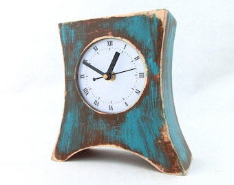 Wood Desk Clock Turquoise Brown, NO TICKING Tabletop clock Arrow, Blue Teal Distressed Mantle clock, Rustic PATINA style by Artma, for Mom