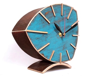 Wood Clock Table, Turquoise Brown Asymmetric Desk Clock Silent / No Ticking, Distressed Finish, Handmade Unique Gift, Wooden office decor