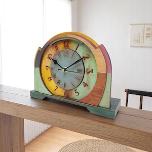 Rustic Wooden Desk Clock, Vintage Style Mahogany Mint and Yellow