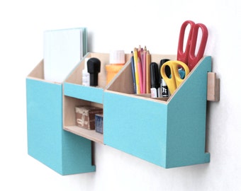 Turquoise Wood wall organizer, Desk accessories, Wall Mail Holder Home Office Set, Teal light smooth  color Desktop Organizer, Paper sorter