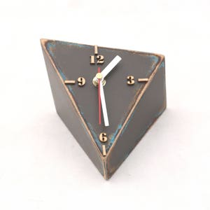 Wood Desk Clock Brown Grey Turquoise, Triangle Table clock Geometric Distressed, Unique Birthday gift ideas, Wedding gift, image 2