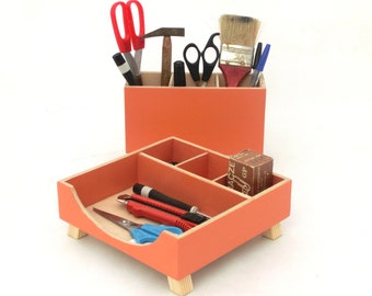 Desk Organizer Orange, Desktop Set Organizer, Wood Desk organizer, School Desktop Wood set, Office Accessories, Pen holder, Fathers day gift