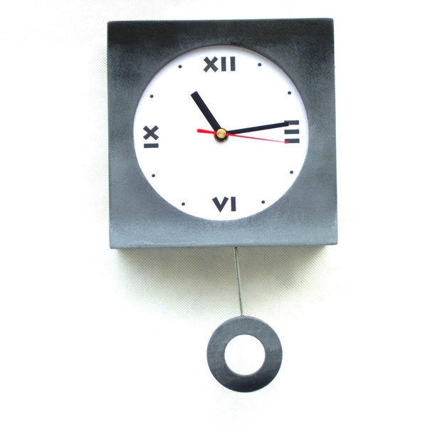 CICHY Zegar ścienny z wahadłem, Cieniowany szary drewniany zegar, NIE TYKAJĄCY Ręcznie malowany unikatowy zegar, Dekoracja na ścianę