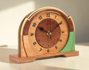 Mid Century Wooden Mantel Clock Geometric Shelf Desk Clock