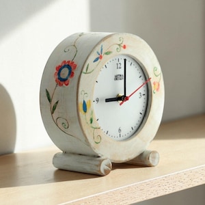 Houten Bureauklok Bloemen Cottage Stijl Stil Handgeschilderd