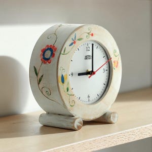 Horloge de Bureau en Bois Fleurie, Style Art Populaire, Silencieuse, Sans Tic-Tac